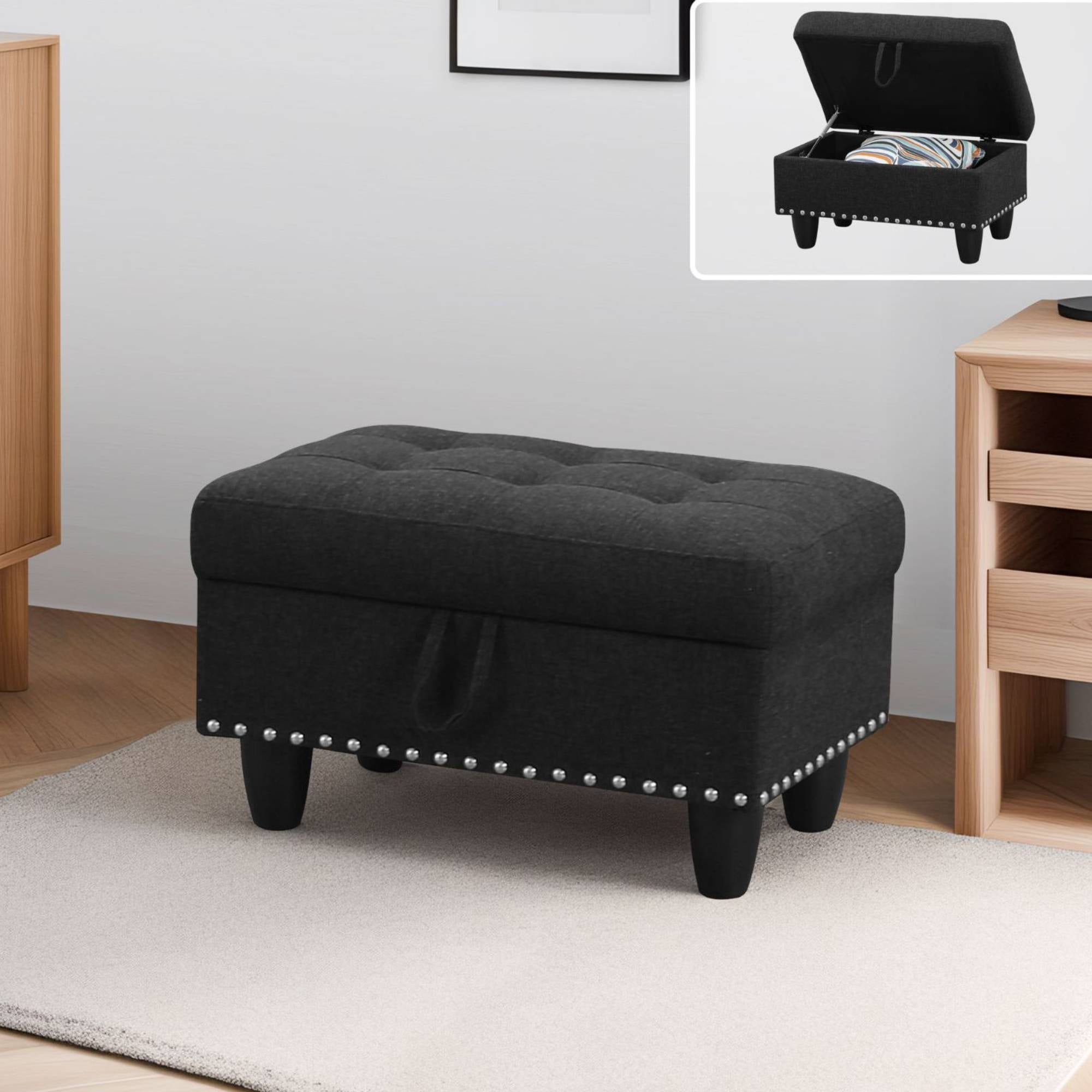 Leather Storage Ottoman Bench wiht Button Tufted, Nail-HeadFoot Rest Ottoman Stool for Living Room, Black