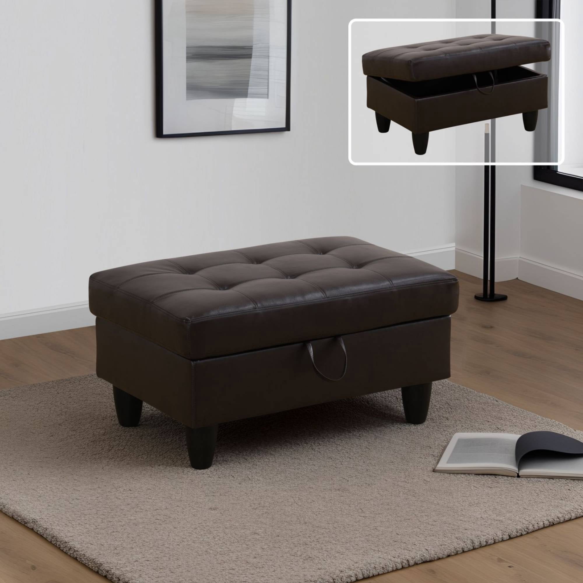 Leather Storage Ottoman, Folding Foot Stool with Storage Button Tufted Ottoman Bench for Living Room,Brown