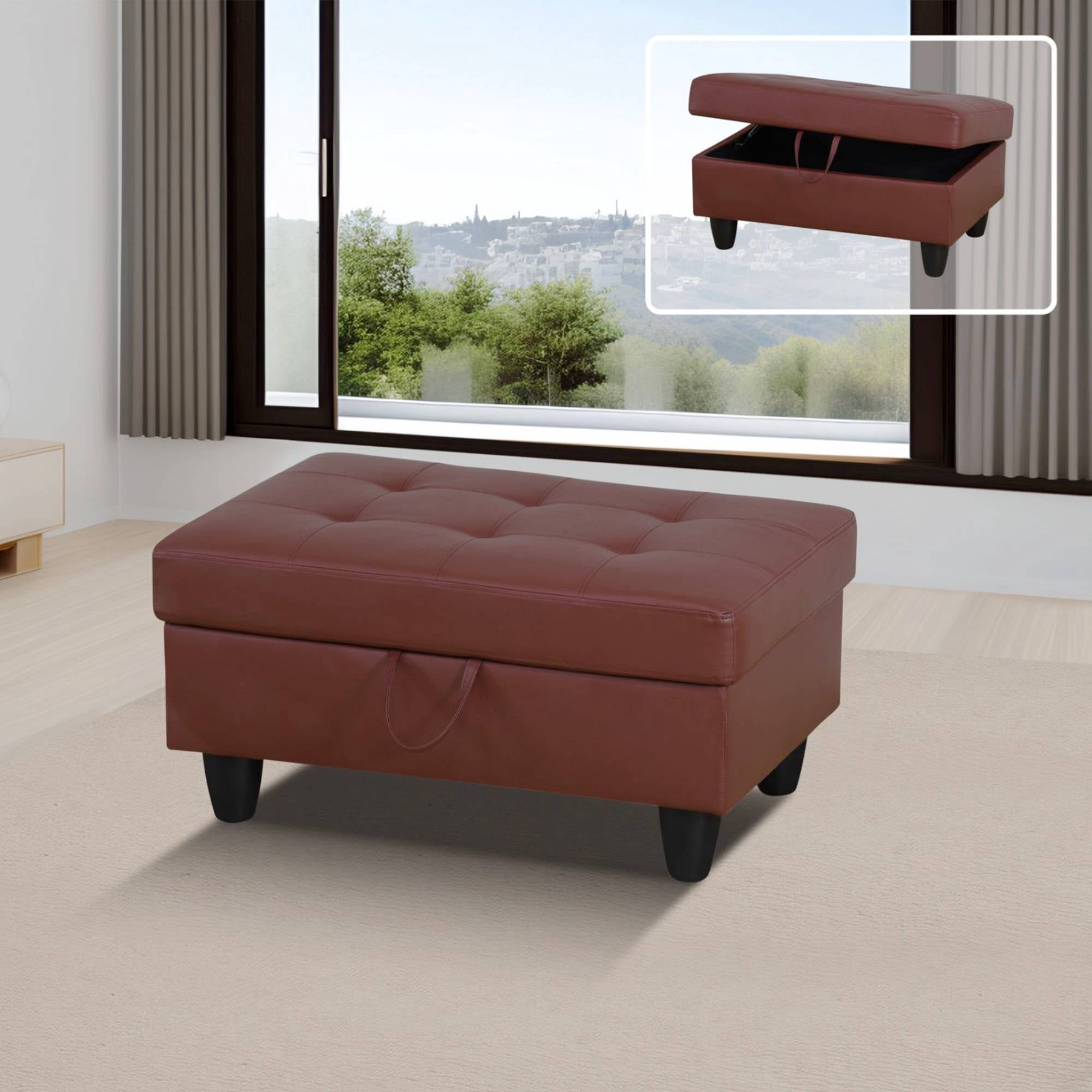 Leather Storage Ottoman, Folding Foot Stool with Storage Button Tufted Ottoman Bench for Living Room,Red