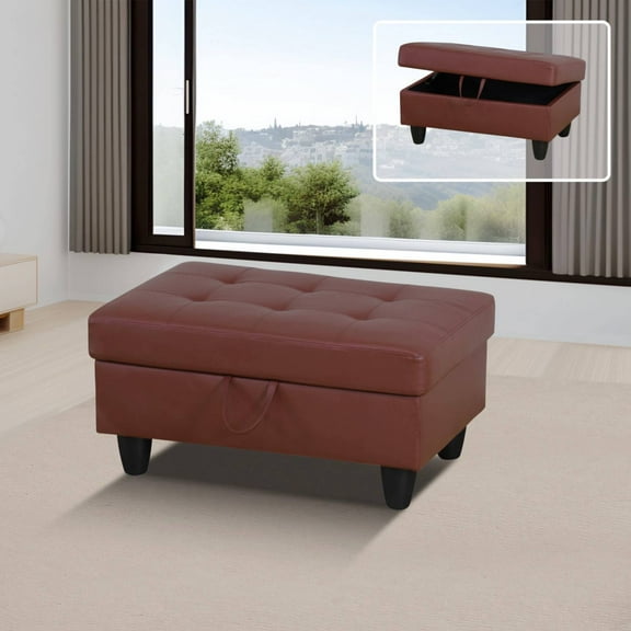 Leather Storage Ottoman, Folding Foot Stool with Storage Button Tufted Ottoman Bench for Living Room,Red