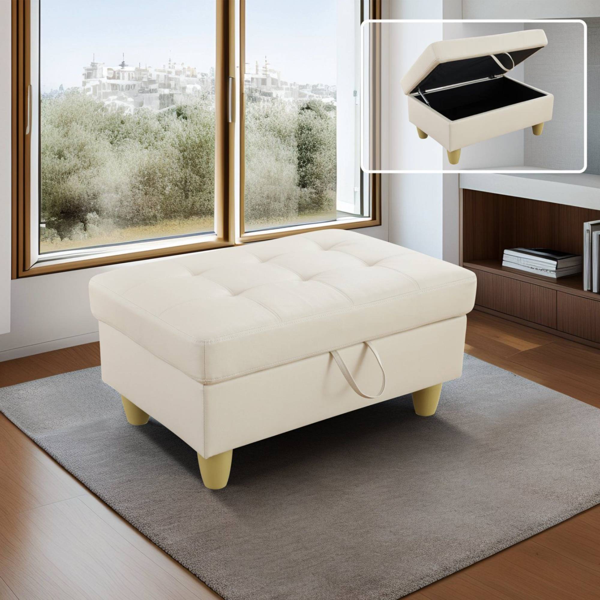 Leather Storage Ottoman, Folding Foot Stool with Storage Button Tufted Ottoman Bench for Living Room,White