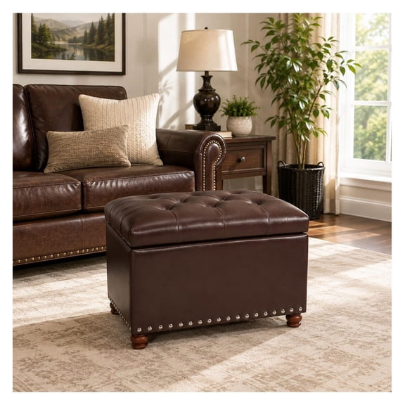 Leather Storage Ottoman Footstool with Hinged Lid; 24 Inch with Solid Wood Legs; Multi-Function Seat for Living Room, Bedroom, Entryway; Holds Blankets and Pillows