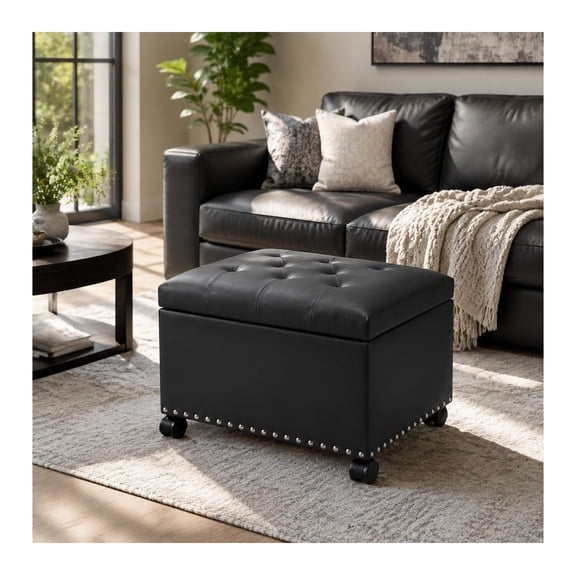 Leather Storage Ottoman with Wheels, Small Foot Stool with Nailhead Trim and Hinged Lid, Rolling Footrest and Seat for Living Room Bedroom Entryway, Beige Upholstered Cube