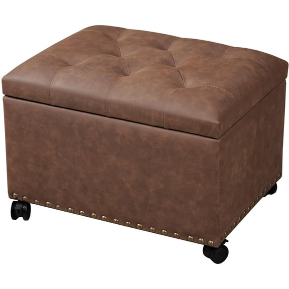 Leather Storage Ottoman with 360 Caster Wheels 24" Foot Rest Bench Rectangle Ottomans