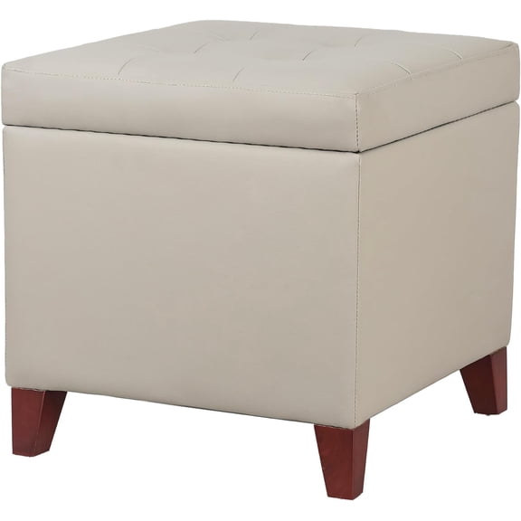 Leather Storage Ottoman with Hinged Lid, Square Foot Rest Stool Tufted Cube Footstool, Beige Grey