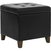 Leather Storage Ottoman with Hinged Lid, Square Foot Rest Stool Tufted Cube Footstool, Black