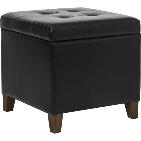 Leather Storage Ottoman with Hinged Lid, Square Foot Rest Stool Tufted Cube Footstool, Black