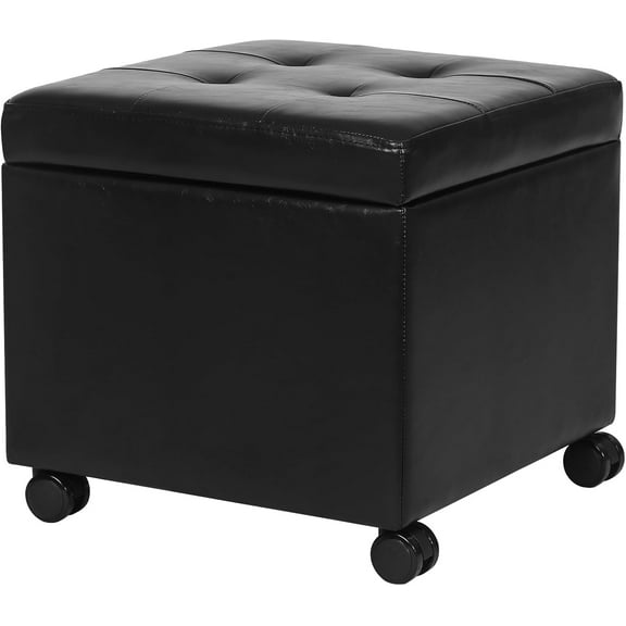 Leather Storage Ottoman with Hinged Lid, Square Foot Rest Stool Tufted Cube Footstool with Wheels, Black