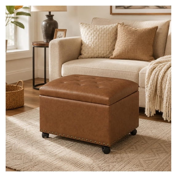 Leather Storage Ottoman with Wheels Small Footstool & Foot Rest for Living Room Bedroom Entryway with Hinged Lid 24x17.5 Inch Accent Seating