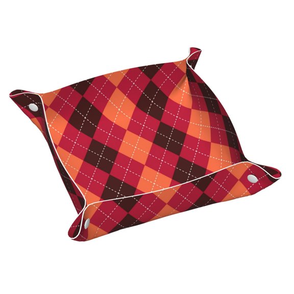 Leather Storage Tray with Snap Buttons, PVC Red Geometric Argyle Desktop Organizers Waterproof, Multi-Use for Keys, Jewelry Medium Size