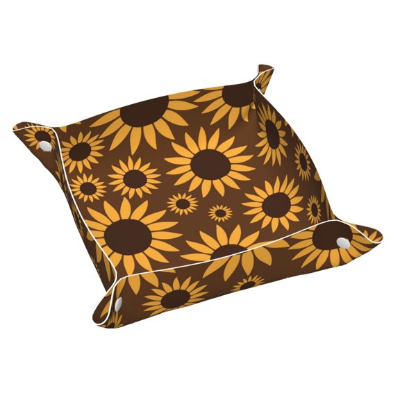 Leather Storage Tray with Snap Buttons, PVC Sunflowers Plant Brown Illustration Desktop Organizers Waterproof, Multi-Use for Keys, Jewelry Small Size