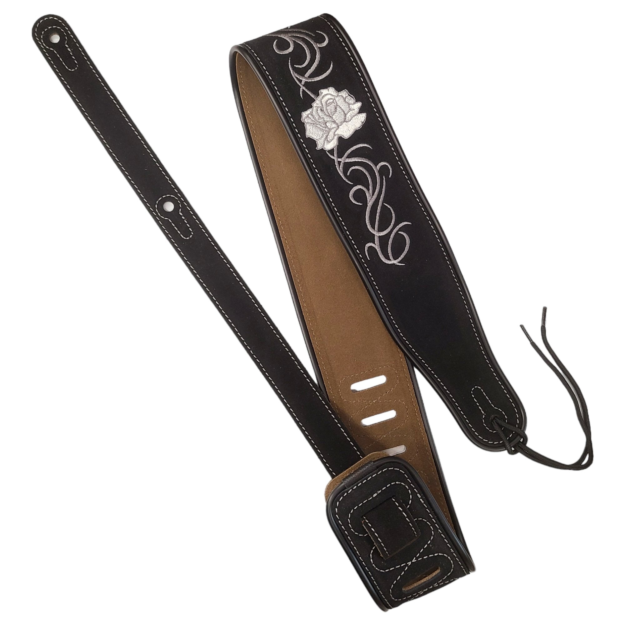 Leather Strap Acoustic Electric Guitar Bass Black Brown Notes Wide Thick Padded Black Suede Flower