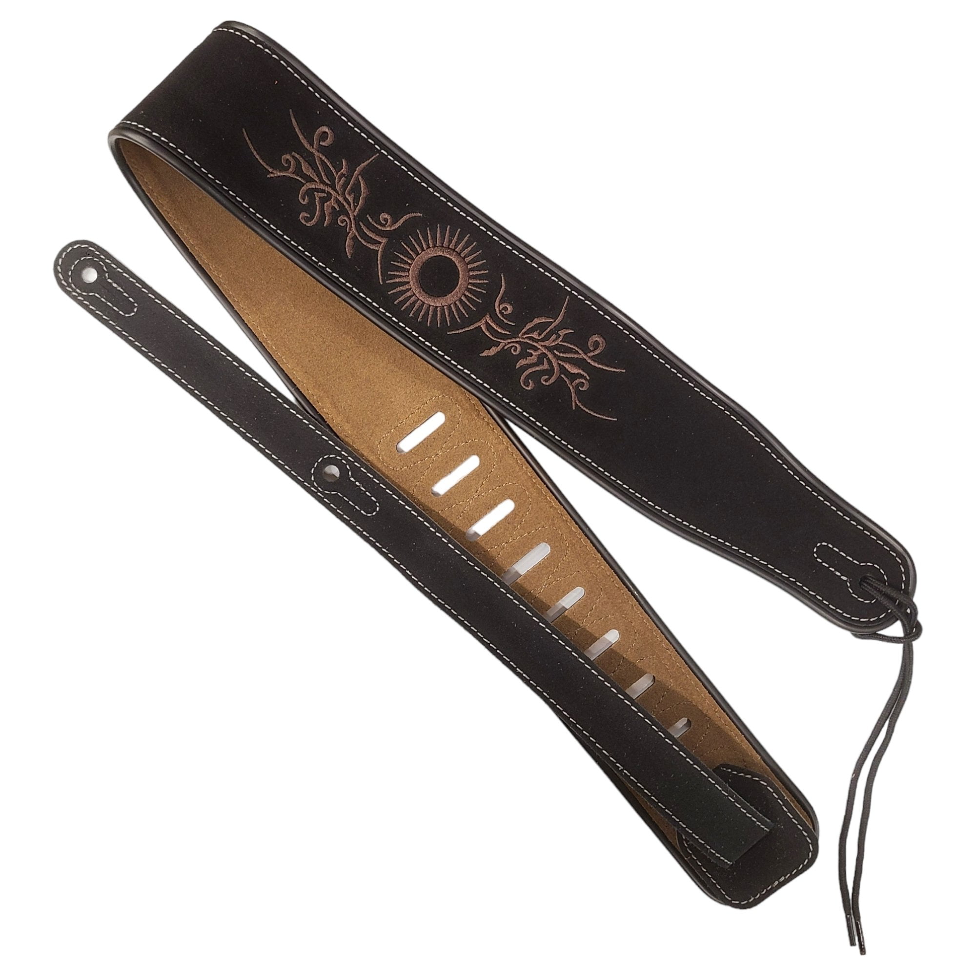 Leather Strap Acoustic Electric Guitar Bass Black Brown Notes Wide Thick Padded Black Suede Tribal Sun