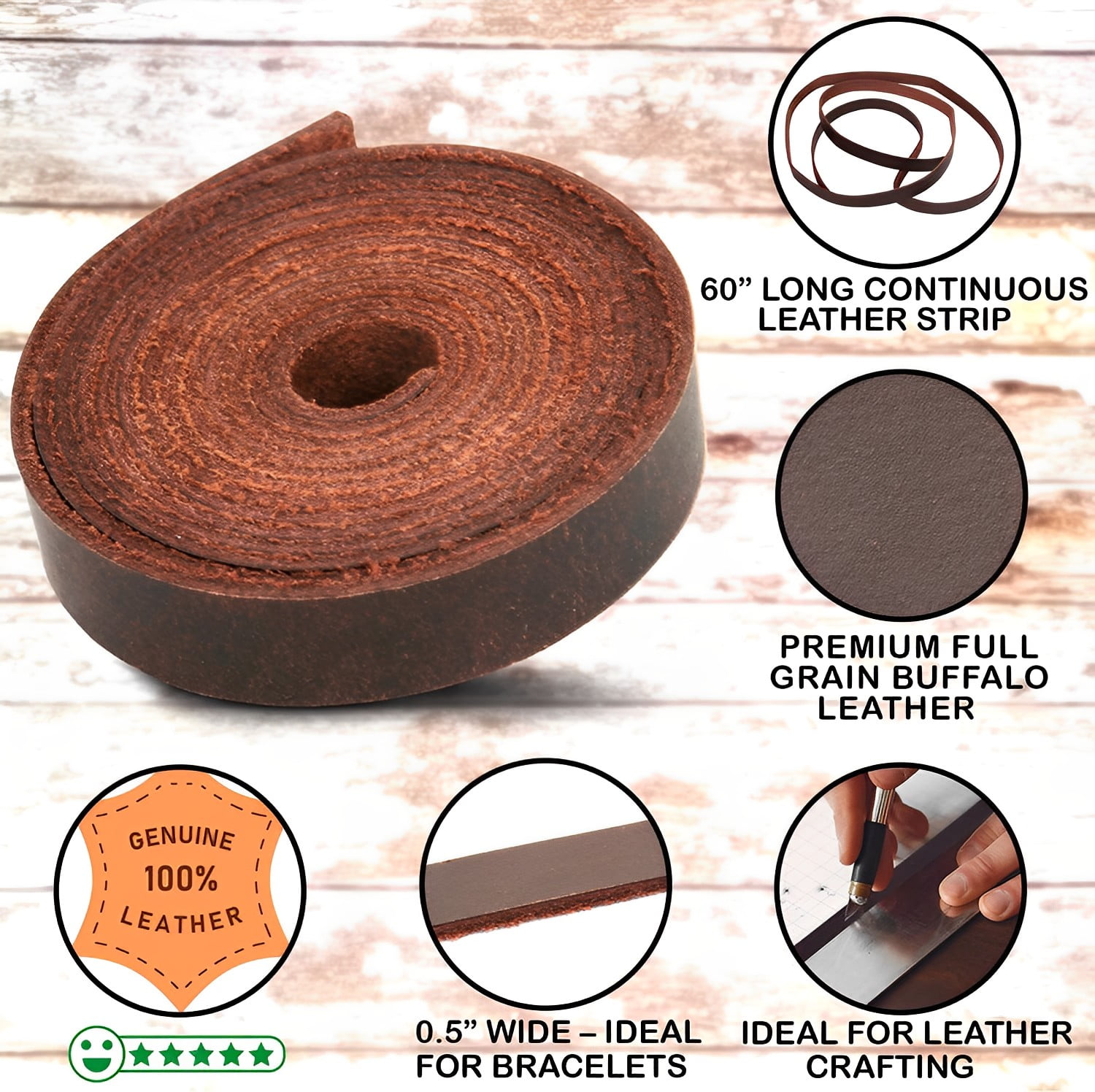 RAWHYD Full Grain Buffalo Leather Strip, Fine Brown Leather Straps Ideal  for Crafts DIY Belts, Bracelets, Jewelry, Key Chains and More (1.5 x 60)