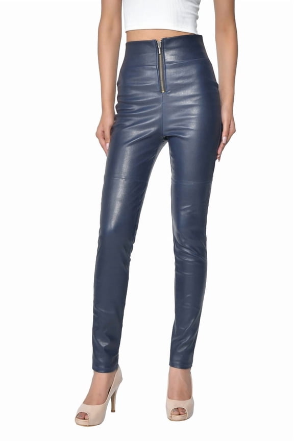 Ladies Leather Pants made from Stretchable Sheep Leather for contour fit; with Front and Back Pockets
