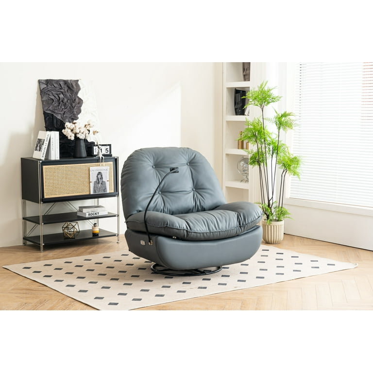 Dark Grey Leather Swivel Accent Chair with USB, Bluetooth, Voice