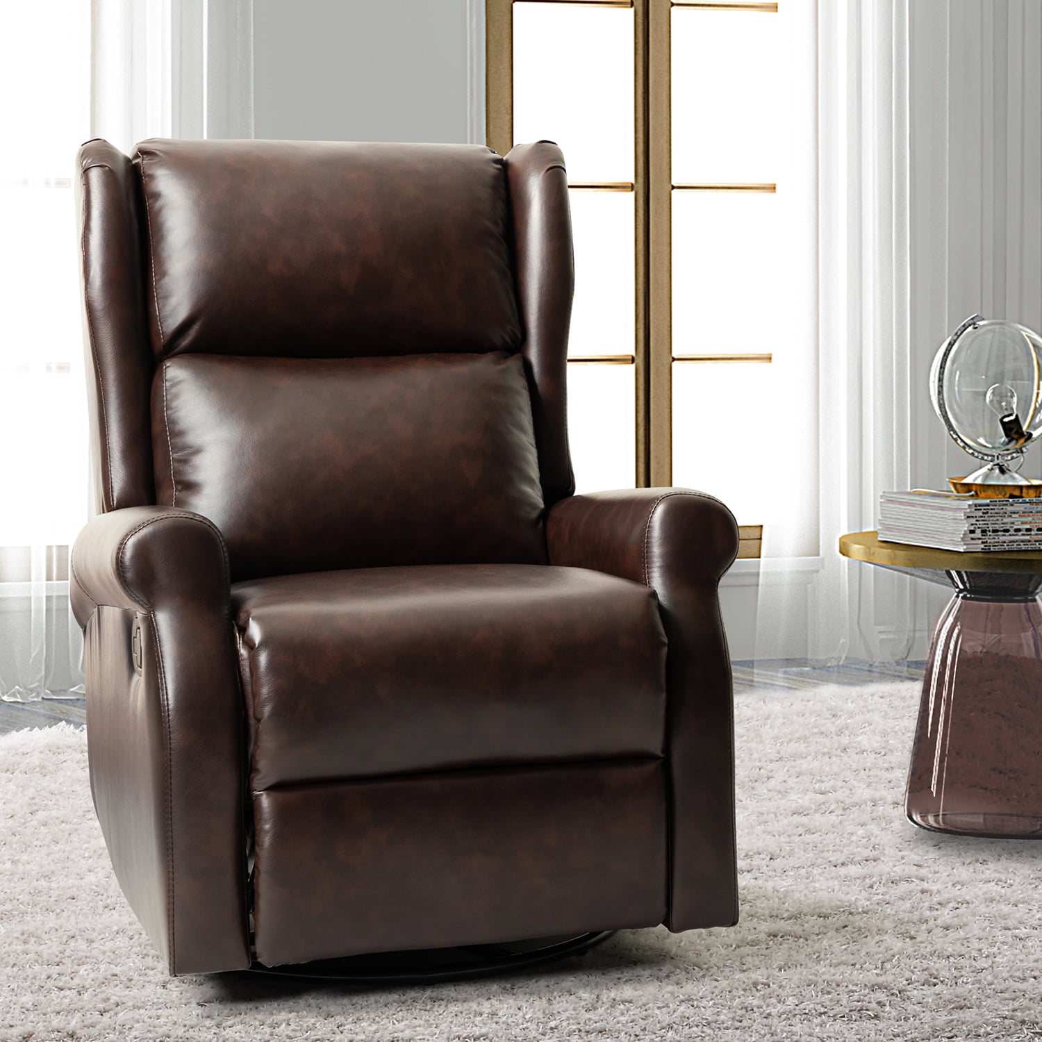 Leather Swivel Glider Recliner Rocking Chair Modern Push Back with ...