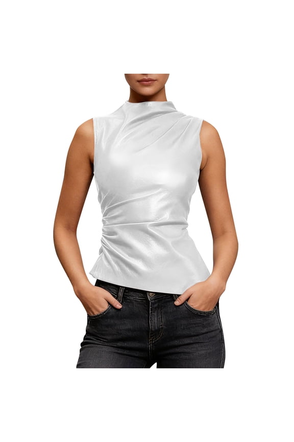 Leather Tank Tops for Women Mock Neck Ruched Asymmetrical Party Sleeveless Leather Tops Y2k Clubwear( White, S )