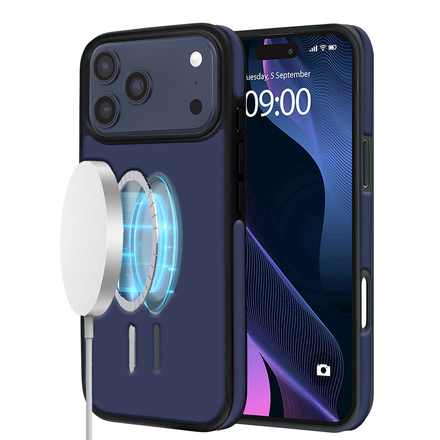 Leather Texture Protective Case Compatible with Wireless Charging for iPhone 17 Pro Max - Dark Blue