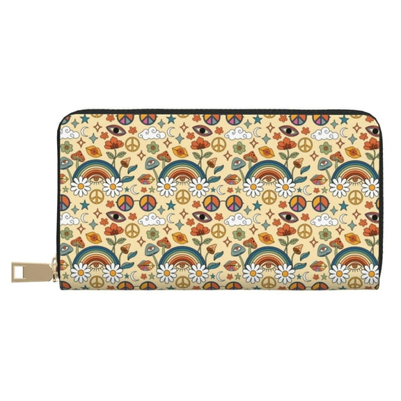 Leather Thin Slim Wallets for Women Men - 70s Hippie Style Clutch Card Wallet for Women Men with Zipper