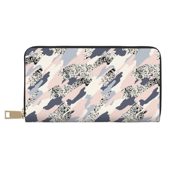 Leather Thin Slim Wallets for Women Men - Abstract Camouflage Clutch Card Wallet for Women Men with Zipper