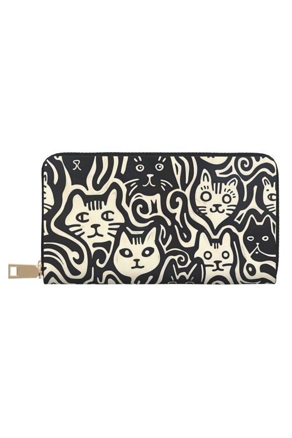Leather Thin Slim Wallets for Women Men - Abstract Cat Faces Pattern Clutch Card Wallet for Women Men with Zipper