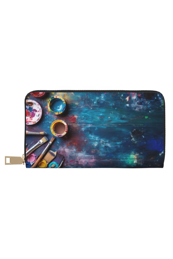 Leather Thin Slim Wallets for Women Men - Abstract Colorful Art Supplies Clutch Card Wallet for Women Men with Zipper