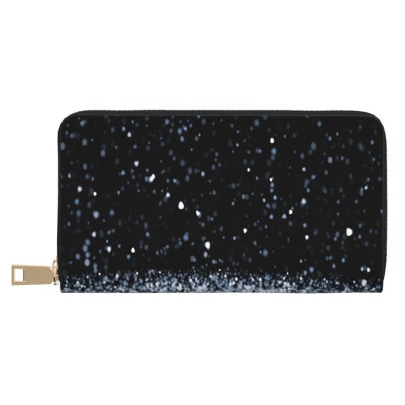 Leather Thin Slim Wallets for Women Men - Abstract Glitter Sparkle Black Clutch Card Wallet for Women Men with Zipper