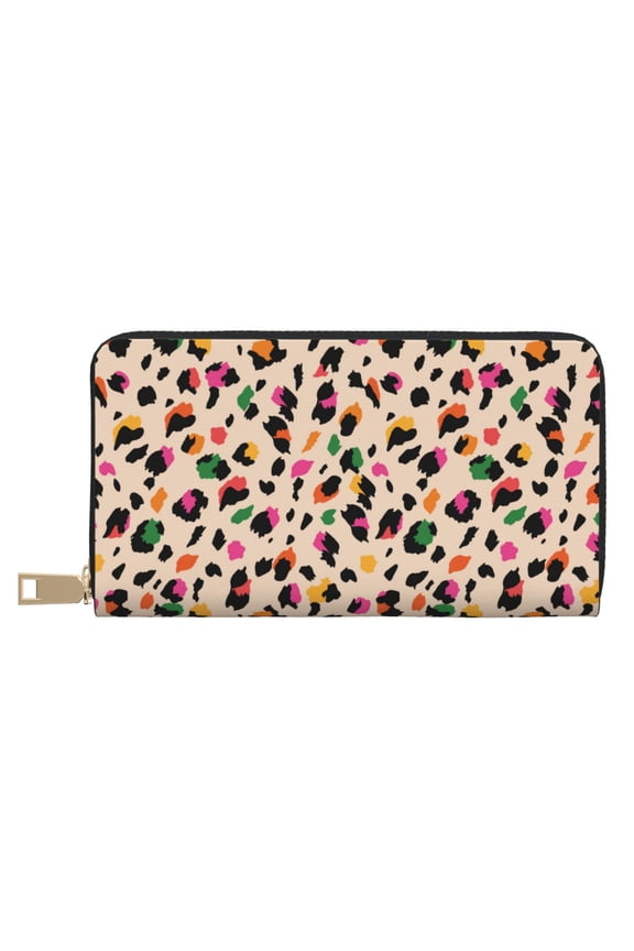 Leather Thin Slim Wallets for Women Men - Abstract Leopard print Clutch Card Wallet for Women Men with Zipper