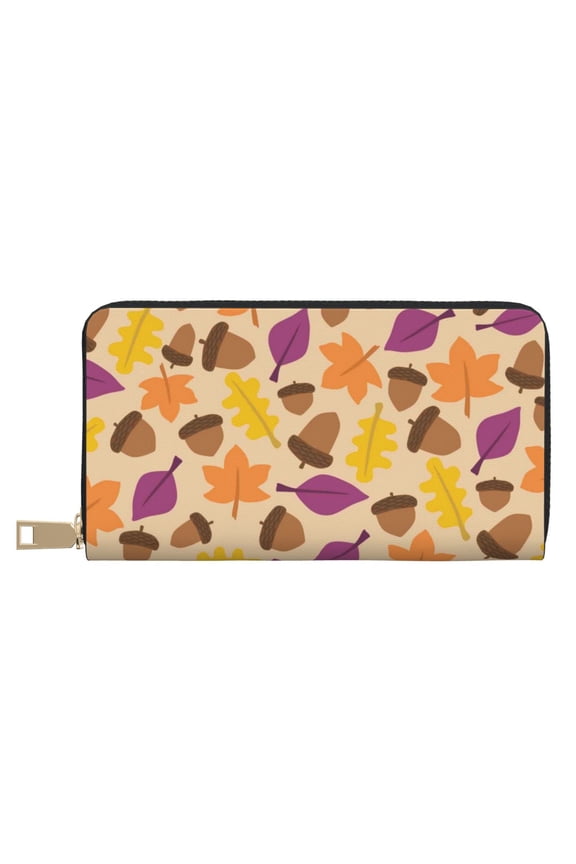 Leather Thin Slim Wallets for Women Men - Acorn Autumn Fall Leaf Leaves Clutch Card Wallet for Women Men with Zipper