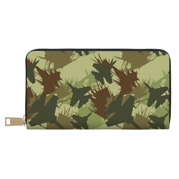 Leather Thin Slim Wallets for Women Men - Aircraft Green Camouflage Clutch Card Wallet for Women Men with Zipper
