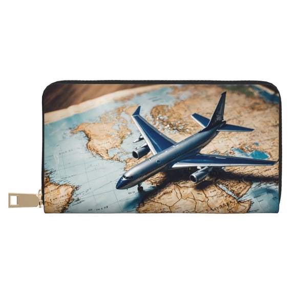 Leather Thin Slim Wallets for Women Men - Airplane World Map Adventure Clutch Card Wallet for Women Men with Zipper