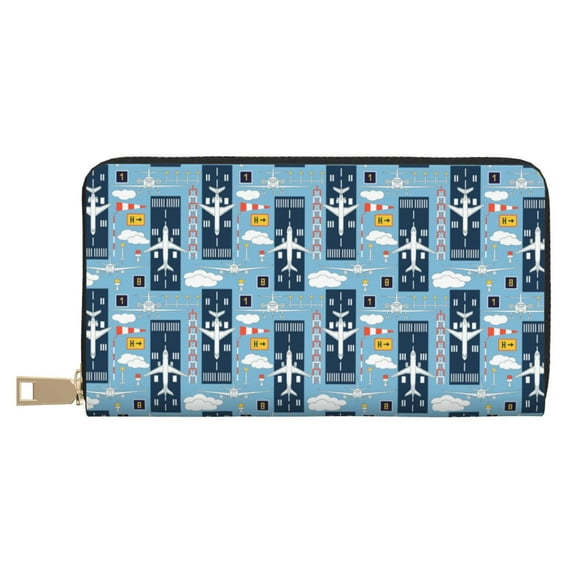 Leather Thin Slim Wallets for Women Men - Airplanes and Aviation Signs Clutch Card Wallet for Women Men with Zipper