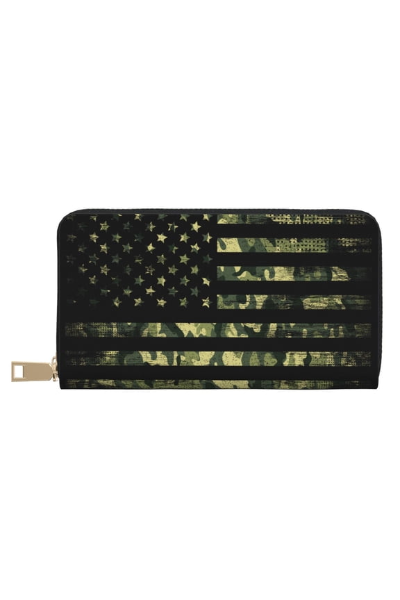 Leather Thin Slim Wallets for Women Men - American Flag Camo Clutch Card Wallet for Women Men with Zipper
