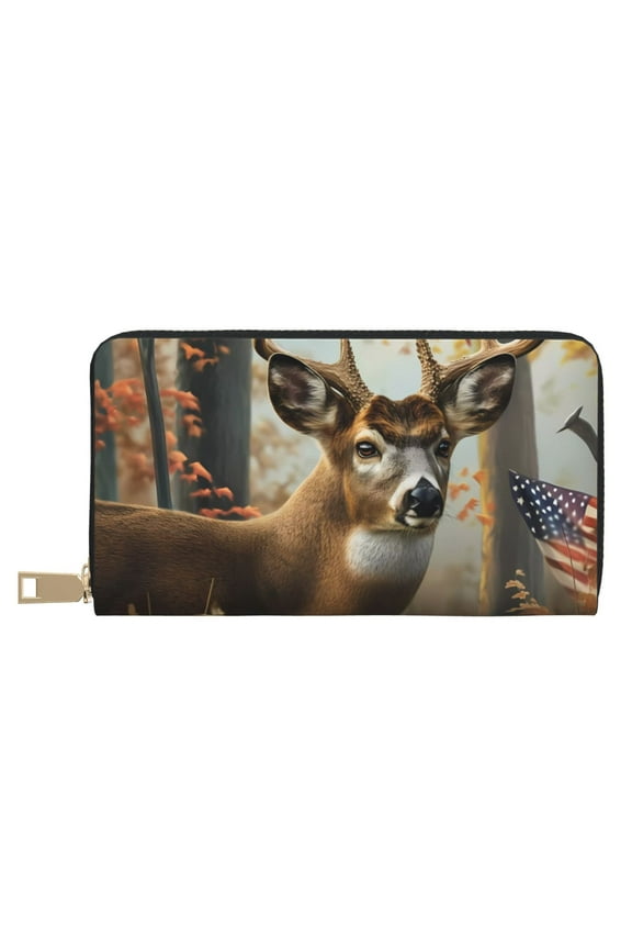 Leather Thin Slim Wallets for Women Men - American Wildlife Deer Forest Clutch Card Wallet for Women Men with Zipper