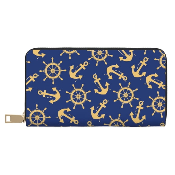 Leather Thin Slim Wallets for Women Men - Anchors and Nautical Clutch Card Wallet for Women Men with Zipper
