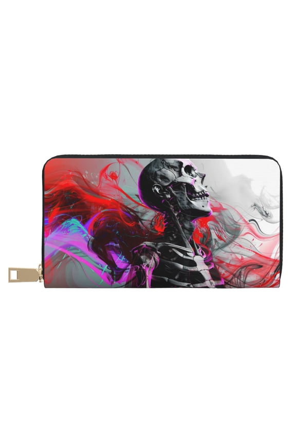 Leather Thin Slim Wallets for Women Men - Artistic Skull Clutch Card Wallet for Women Men with Zipper