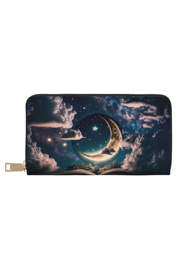 Leather Thin Slim Wallets for Women Men - Artistic Starry Sky Moon Book Clutch Card Wallet for Women Men with Zipper