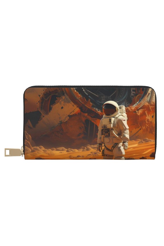 Leather Thin Slim Wallets for Women Men - Astronaut Exploring Mars Clutch Card Wallet for Women Men with Zipper