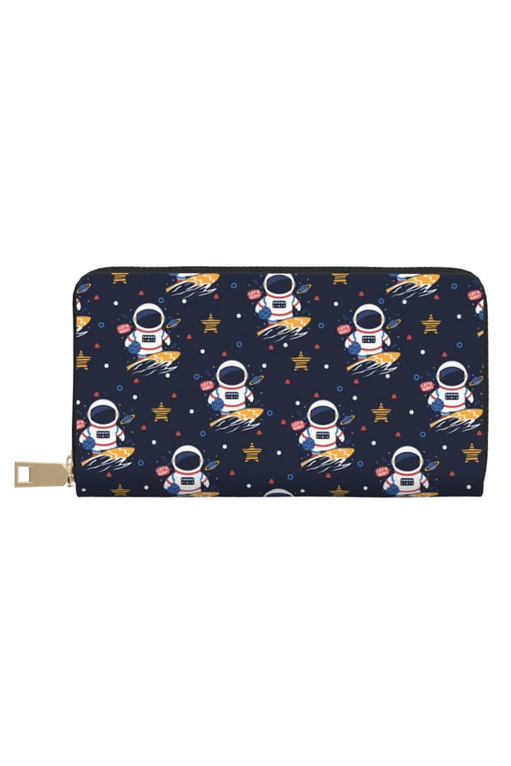 Leather Thin Slim Wallets for Women Men - Astronaut Surfing Clutch Card Wallet for Women Men with Zipper