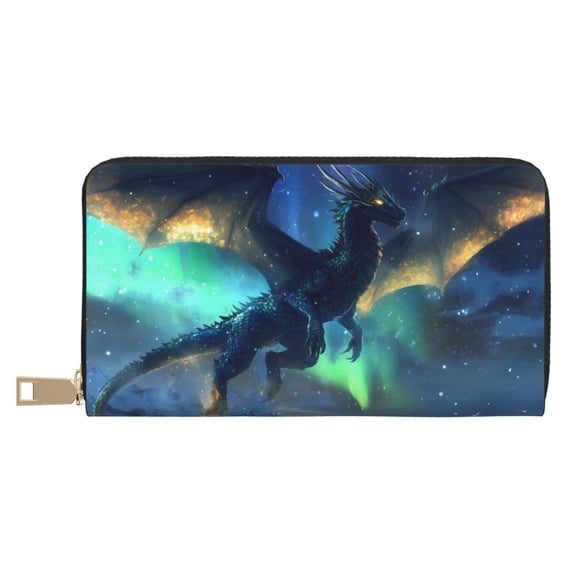 Leather Thin Slim Wallets for Women Men - Aurora Night Sky Dragon Clutch Card Wallet for Women Men with Zipper