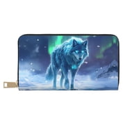 Leather Thin Slim Wallets for Women Men - Aurora Wolf Frozen Lake A Clutch Card Wallet for Women Men with Zipper