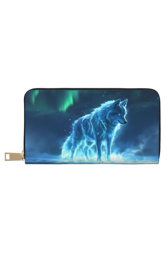 Leather Thin Slim Wallets for Women Men - Aurora Wolf Frozen Lake Clutch Card Wallet for Women Men with Zipper
