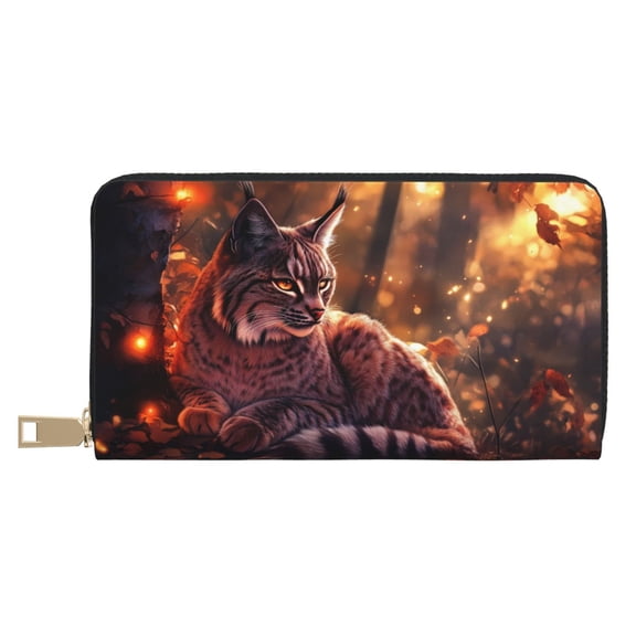 Leather Thin Slim Wallets for Women Men - Autumn Bobcat Glowing Leaves Clutch Card Wallet for Women Men with Zipper