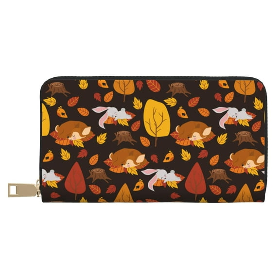 Leather Thin Slim Wallets for Women Men - Autumn Forest Small Animals Lazy Clutch Card Wallet for Women Men with Zipper