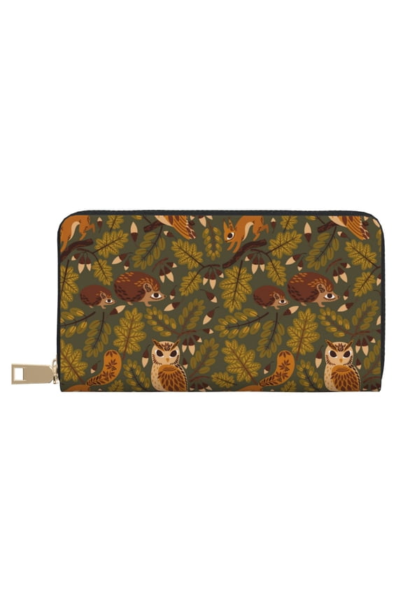 Leather Thin Slim Wallets for Women Men - Autumn Leaves Owl Squirrel Clutch Card Wallet for Women Men with Zipper