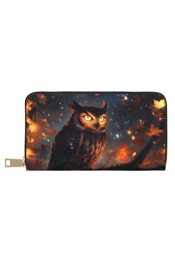 Leather Thin Slim Wallets for Women Men - Autumn Owl Maple Leaves Clutch Card Wallet for Women Men with Zipper