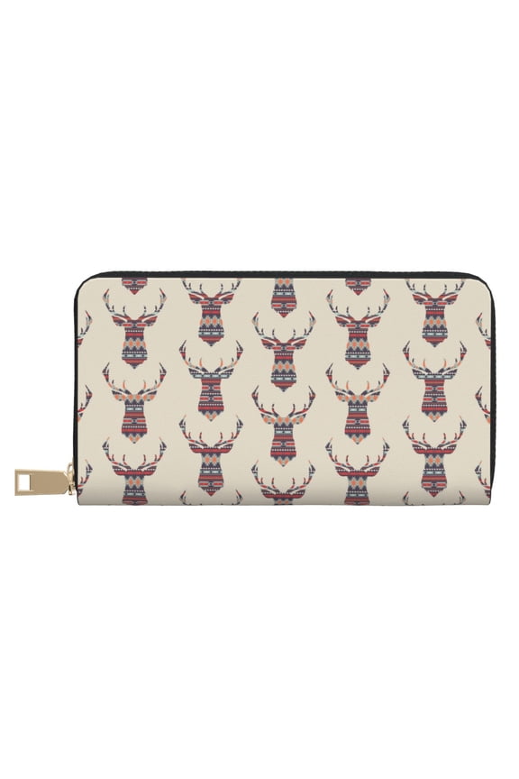Leather Thin Slim Wallets for Women Men - Aztec Style Colorful Deer Head Clutch Card Wallet for Women Men with Zipper