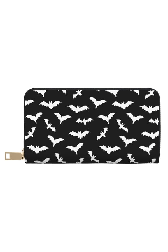 Leather Thin Slim Wallets for Women Men - Bat halloween doodle black cool Clutch Card Wallet for Women Men with Zipper