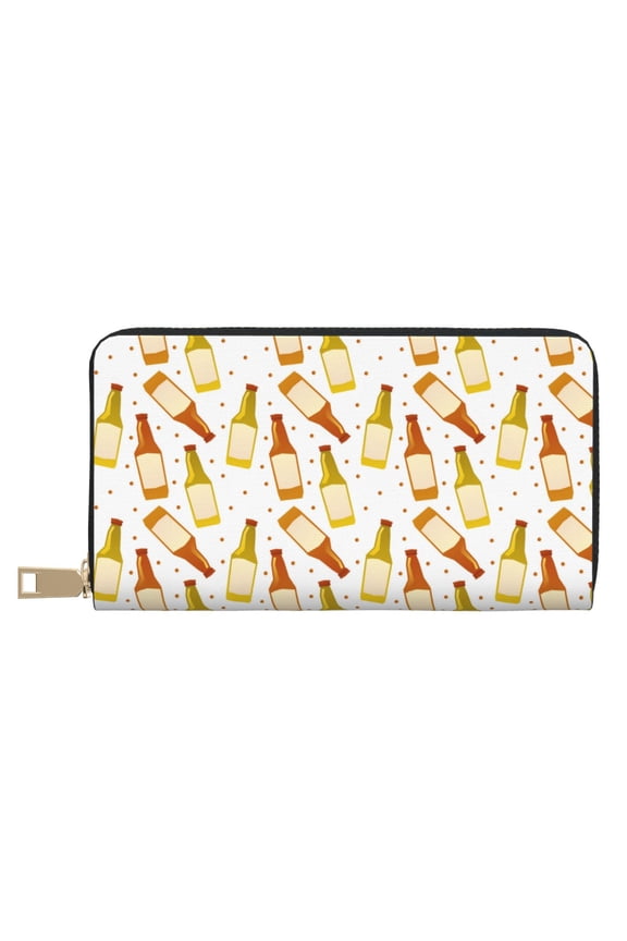 Leather Thin Slim Wallets for Women Men - Beer Bottles Clutch Card Wallet for Women Men with Zipper